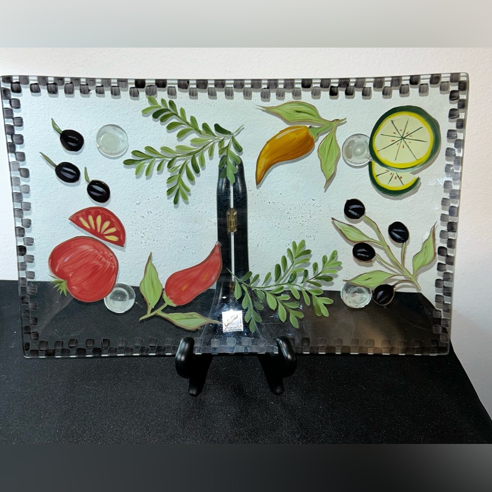 Gates Ware Hand painted, footed, glass rectangular platter. 8.25”x13”